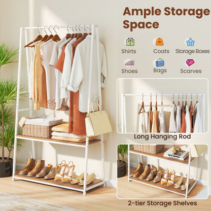 Clothes Rack with 2 Shelves and S Hooks for Laundry-Natural