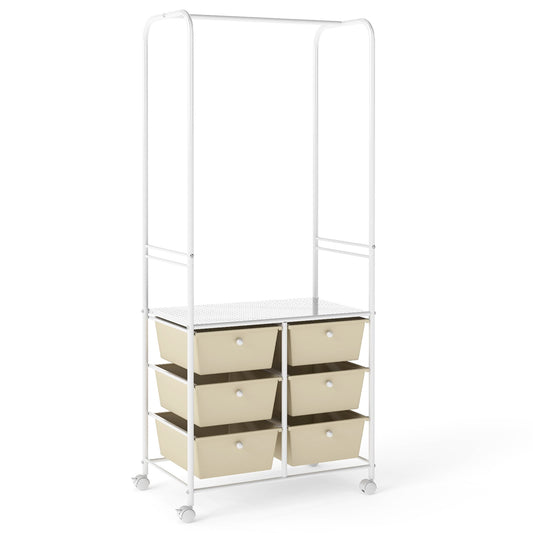 Clothing Rack Coat Hanger with 6 Drawers 4 Universal Wheels and 2 Anti-Tipping Kits-White