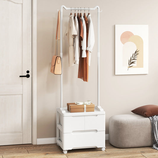 Clothing Rack with Drawers Rolling Garment Rack with Side Hooks-White