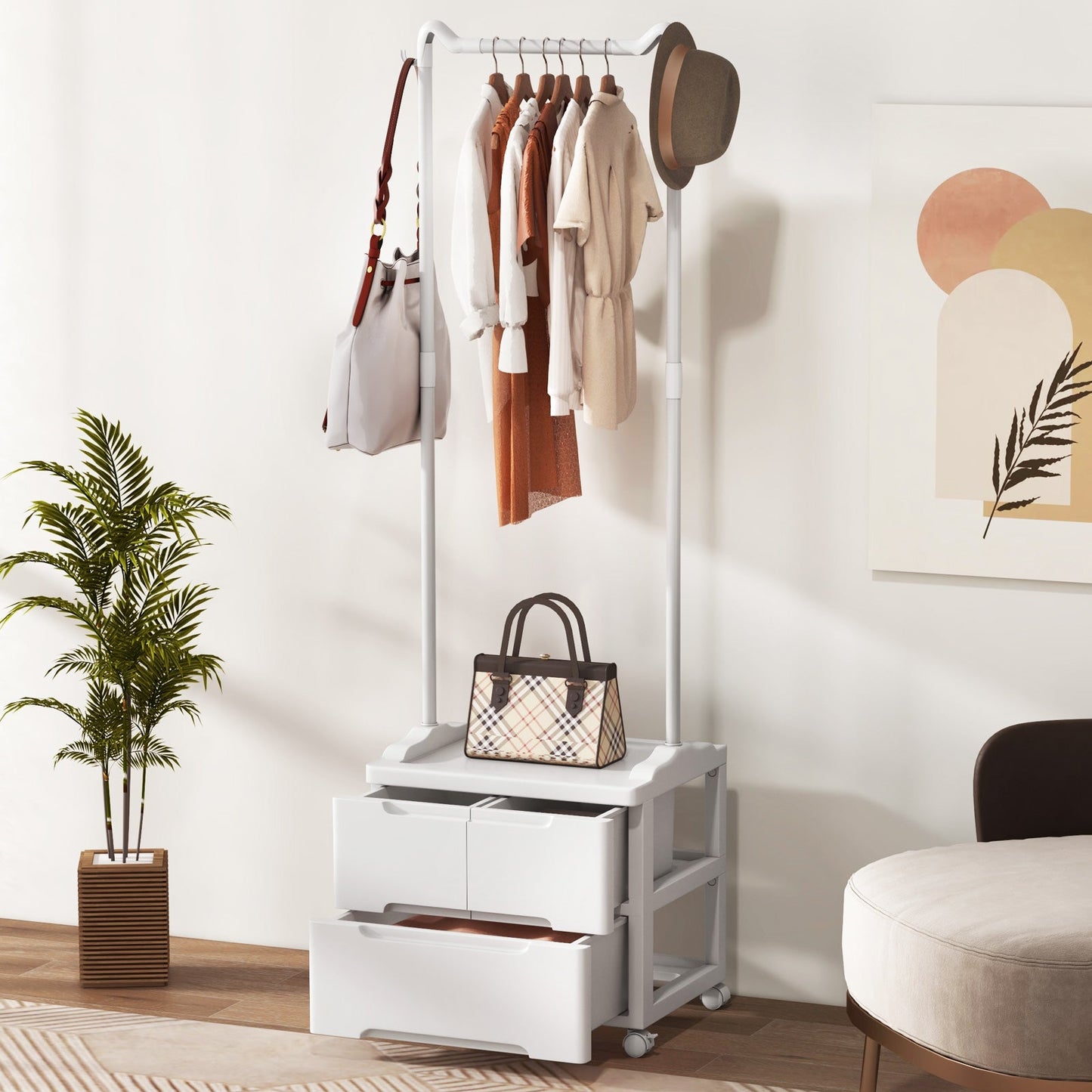 Clothing Rack with Drawers Rolling Garment Rack with Side Hooks-White