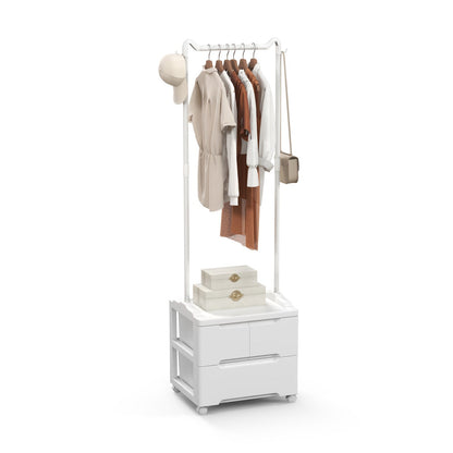 Clothing Rack with Drawers Rolling Garment Rack with Side Hooks-White