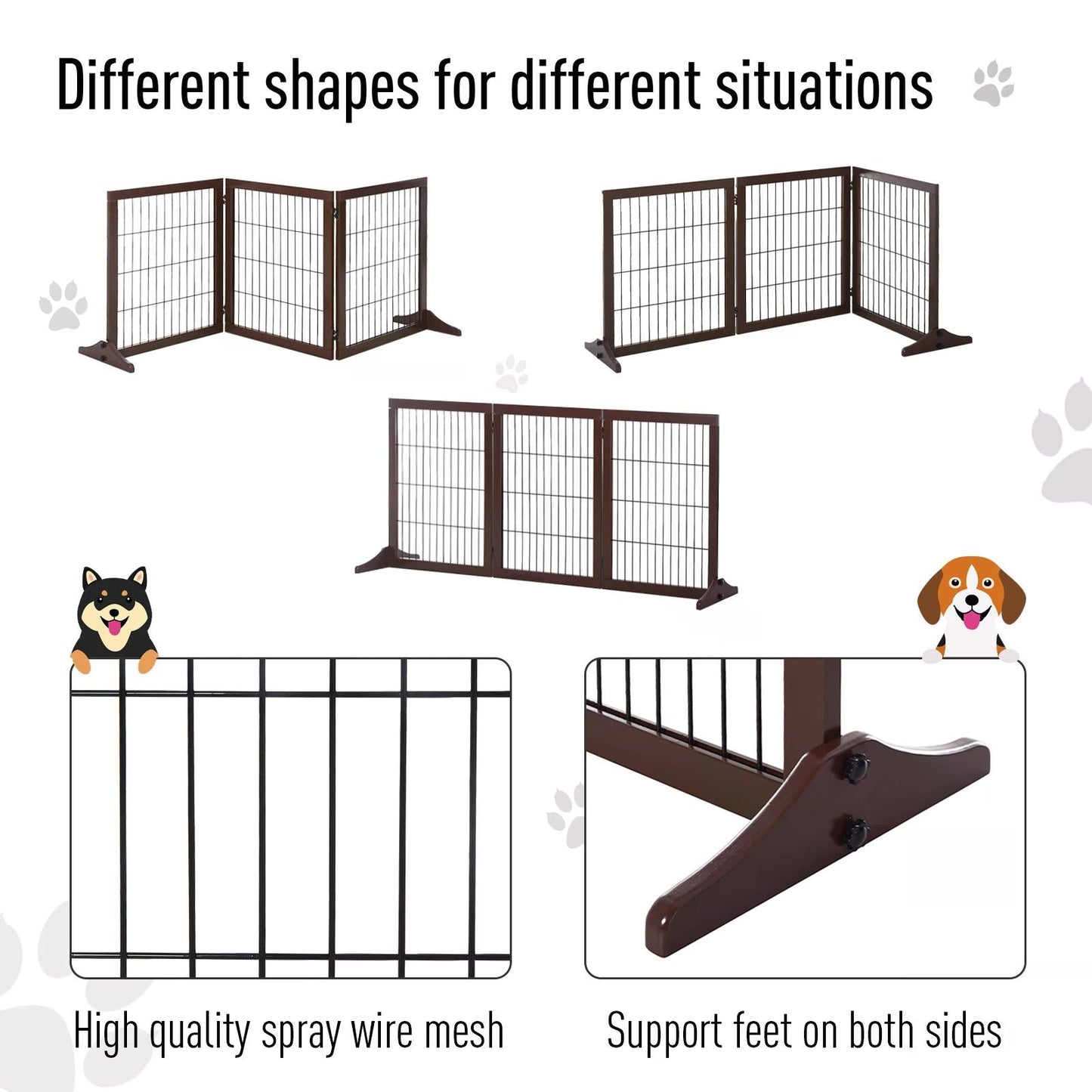 PawHut Freestanding Dog Gate 3 Panel Safety Pet Barrier Foldable w/ Support Feet Brown 185 x71 cm