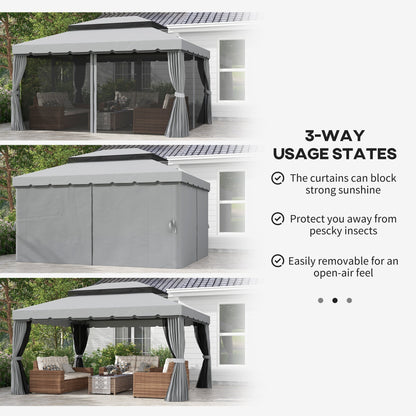 Outsunny 3 x 4m Aluminium Garden√Ç Gazebo, Marquee Canopy Shelter Pavilion Party Tent with Nets and Curtains for Garden and Deck, Light Grey