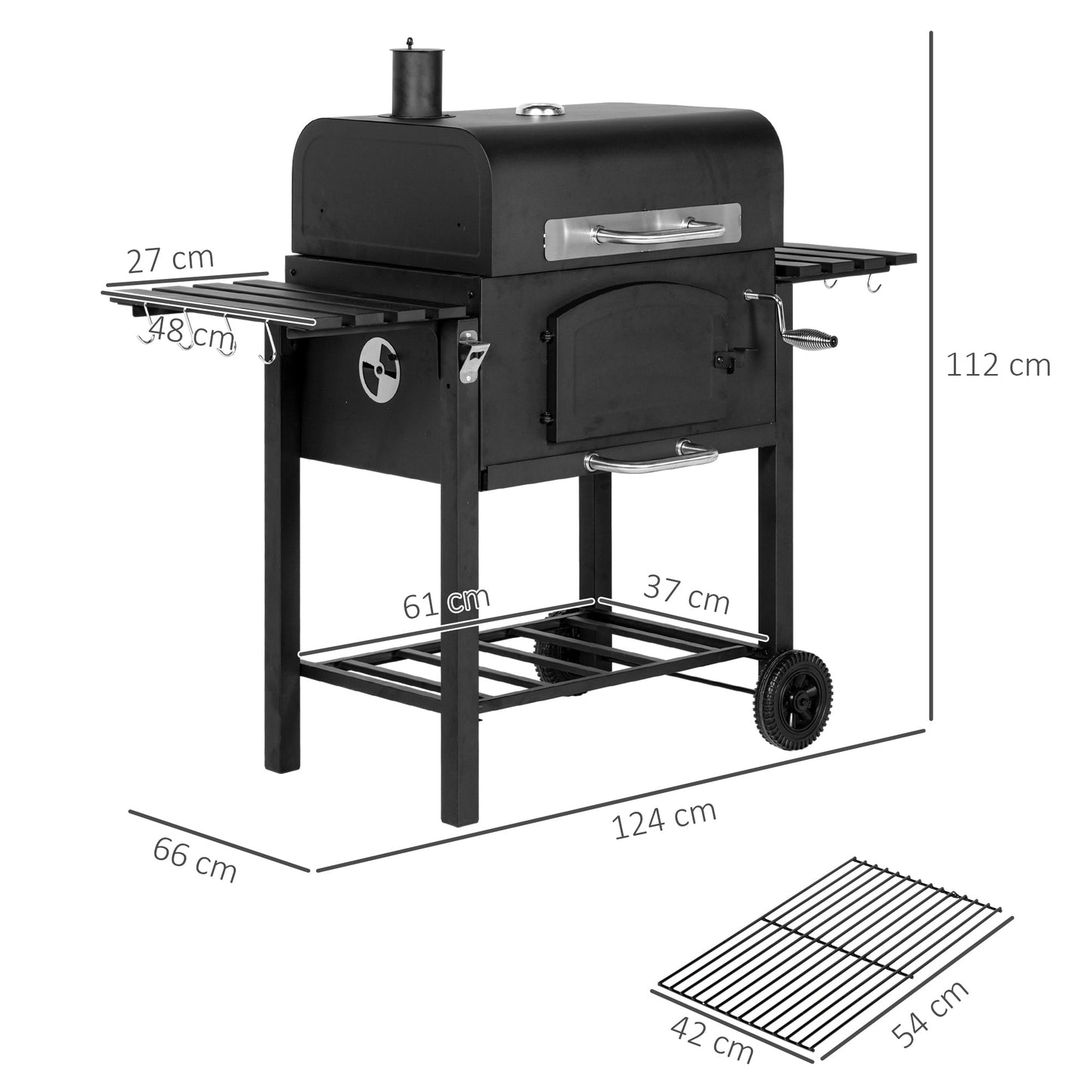 Outsunny Charcoal Barbecue Grill Trolley Garden Smoker with Shelves, Adjustable Height, Thermometer on Lid, Opener and Wheels