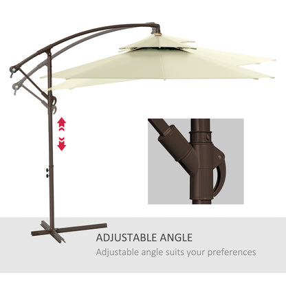 Outsunny 2.7m Garden Banana Parasol Cantilever Umbrella with Crank Handle, Double Tier Canopy and Cross Base for Outdoor, Hanging Sun Shade, Beige