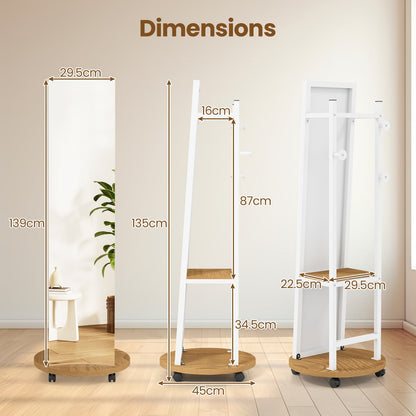 Coat Rack with Full Length Mirror Freestanding Coat Tree with 3 Hooks-Natural
