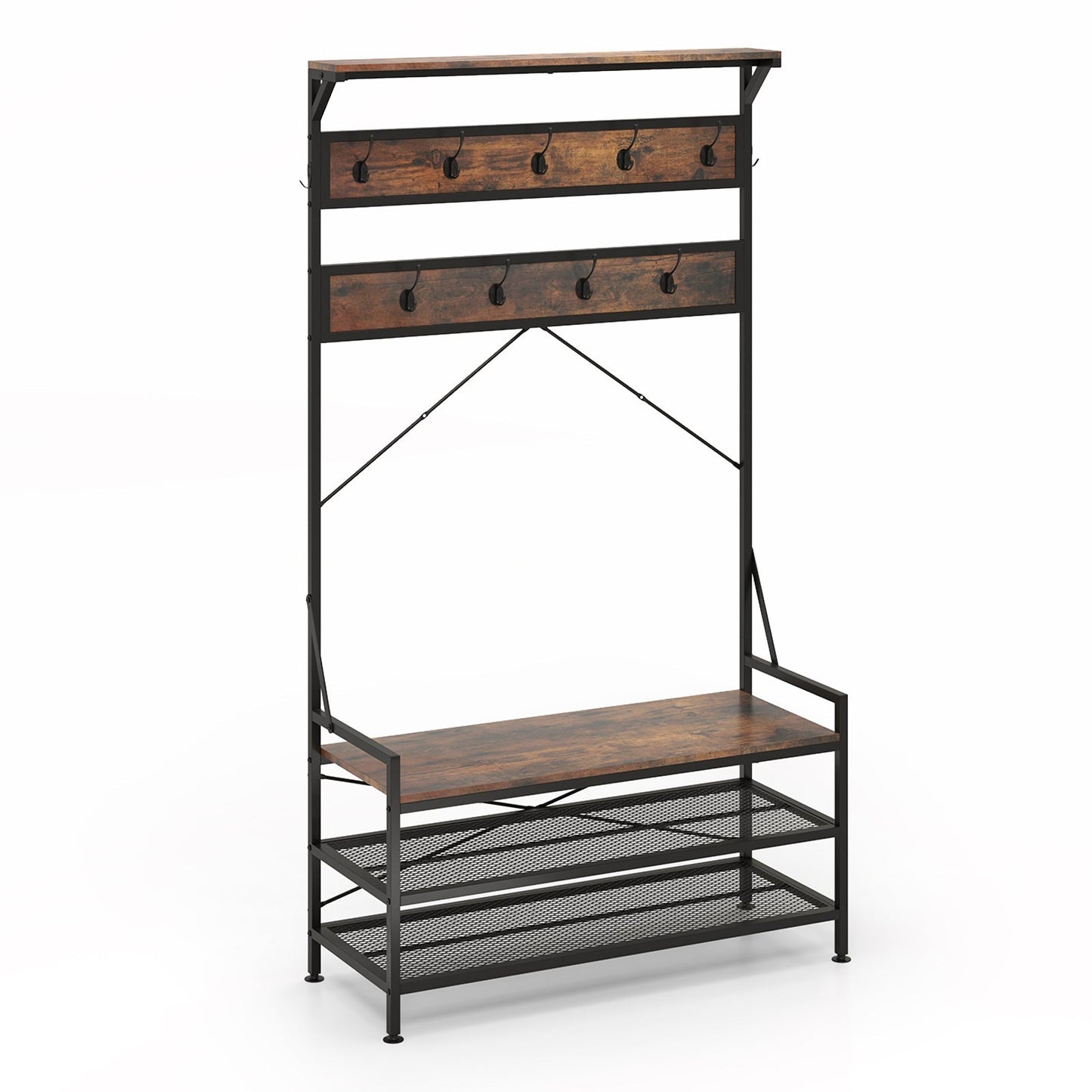 4-In-1 Coat Rack with 11 Hanging Hooks and Shoe Bench-Rustic Brown