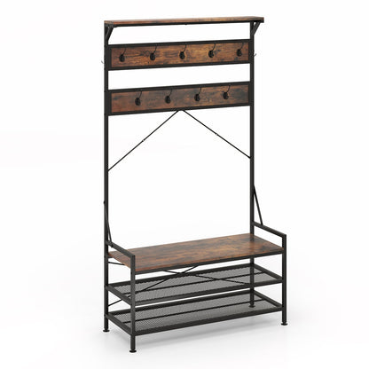 4-In-1 Coat Rack with 11 Hanging Hooks and Shoe Bench-Rustic Brown