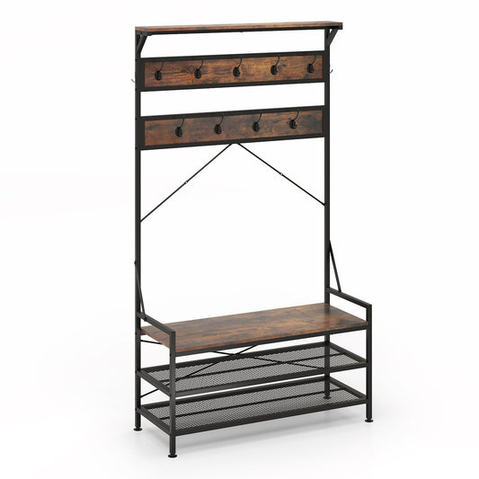 4-In-1 Coat Rack with 11 Hanging Hooks and Shoe Bench-Rustic Brown