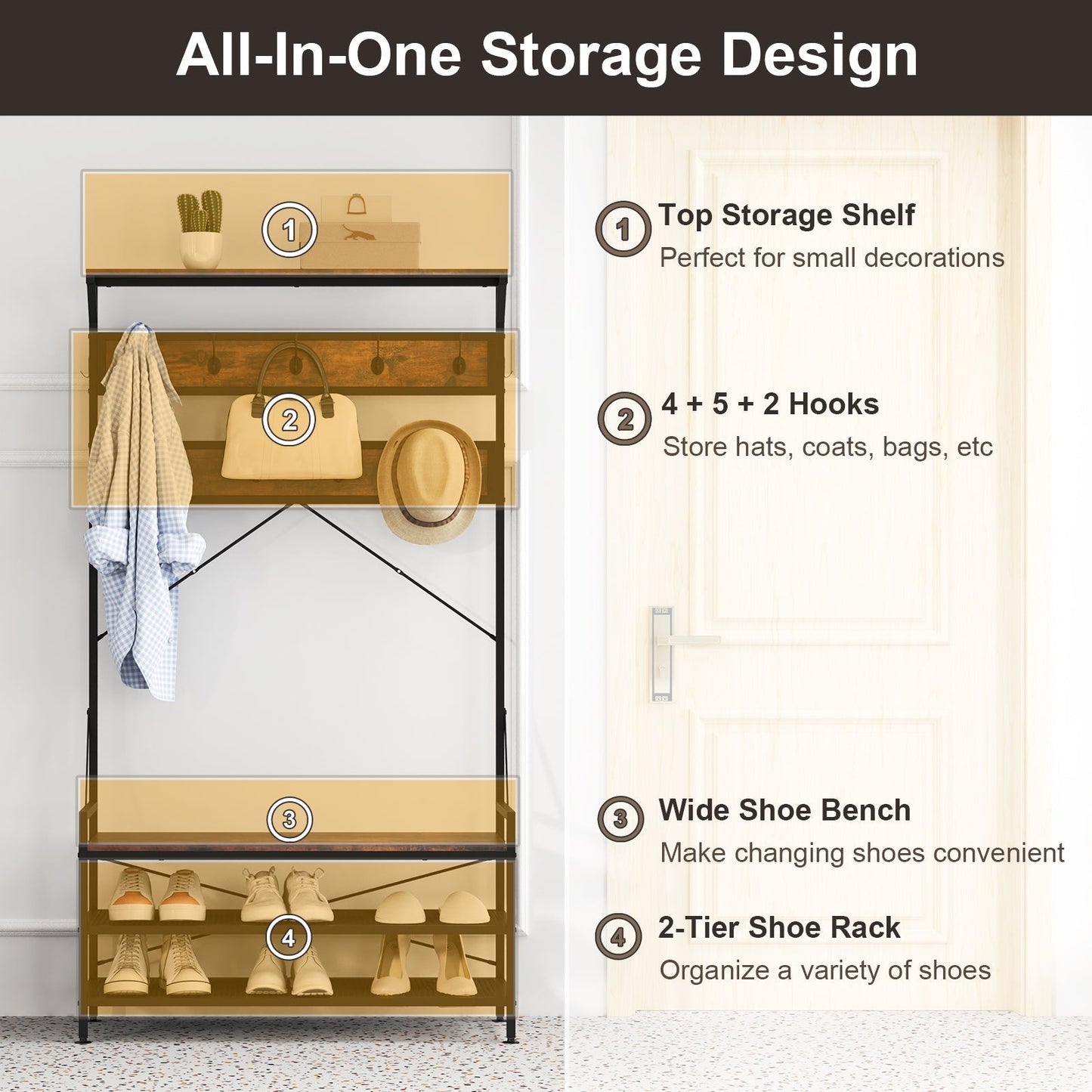 4-In-1 Coat Rack with 11 Hanging Hooks and Shoe Bench-Rustic Brown