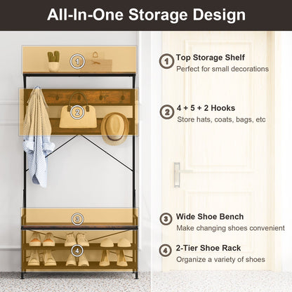 4-In-1 Coat Rack with 11 Hanging Hooks and Shoe Bench-Rustic Brown