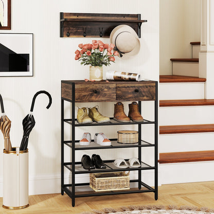5-Tier Shoe Rack with Wall-Mounted Coat Rack and Hooks-Rustic Brown