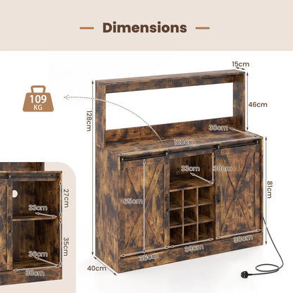 Coffee Bar Cabinet with Charging Station and Sliding Barn Doors-Rustic Brown