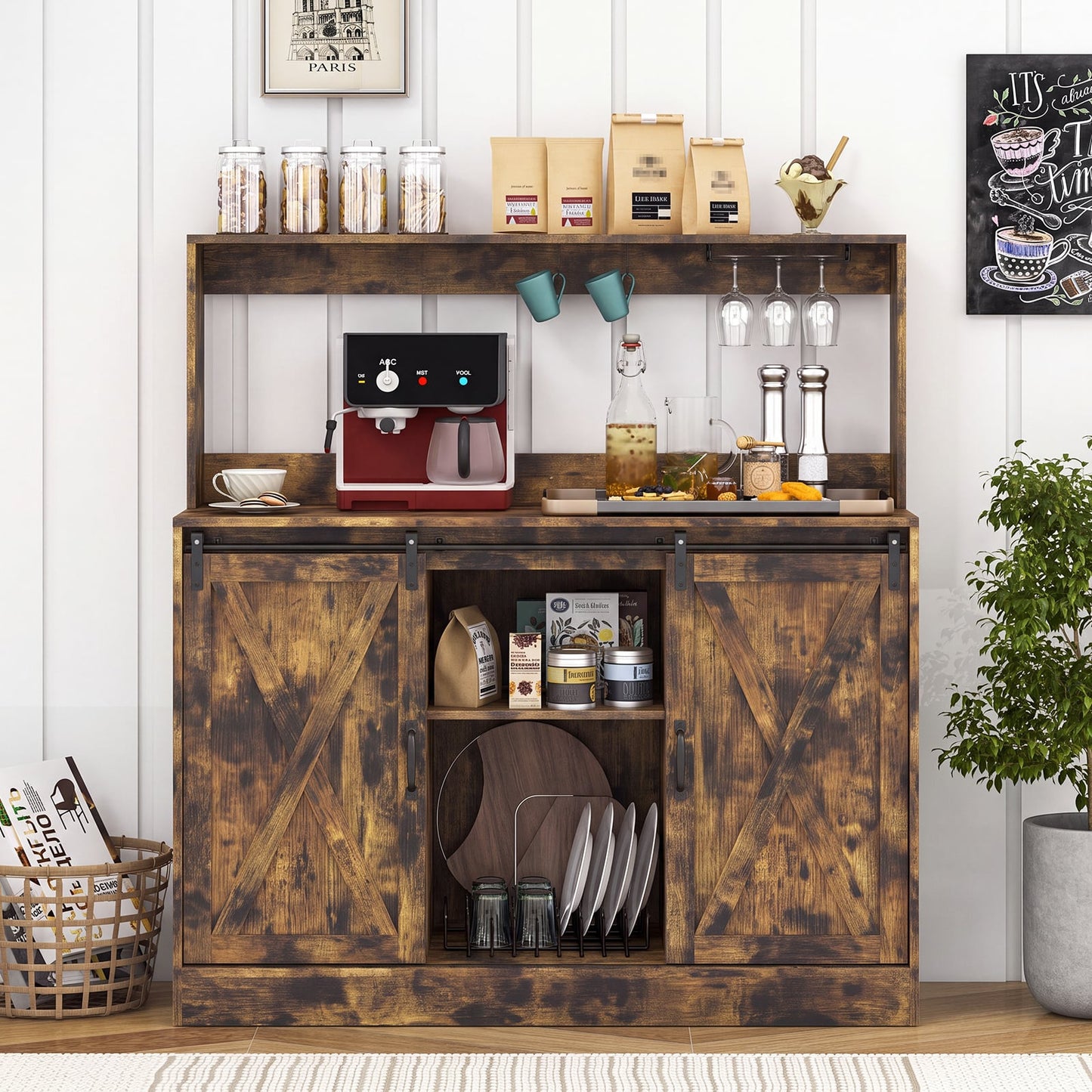 Coffee Bar Cabinet with Charging Station and Sliding Barn Doors-Rustic Brown