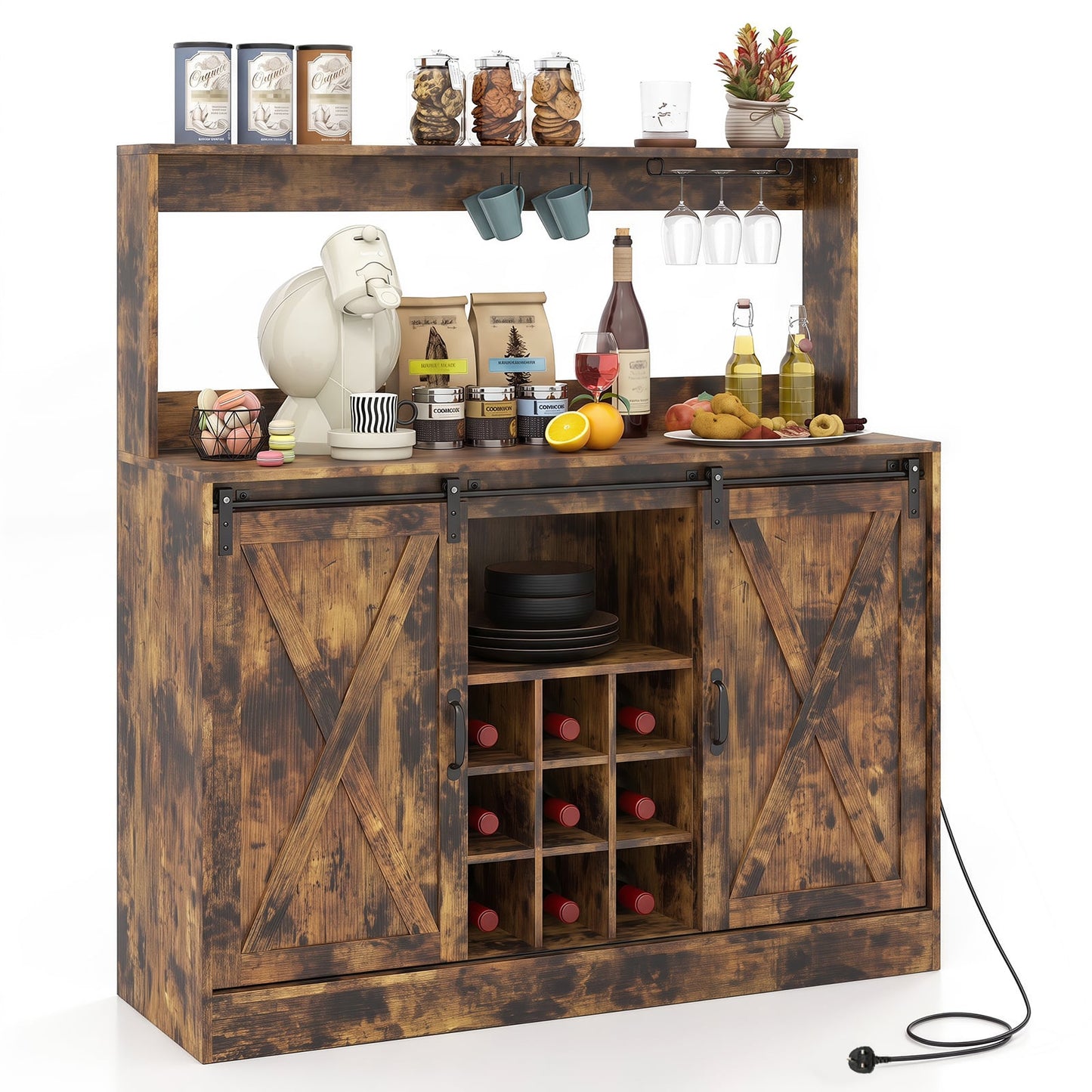 Coffee Bar Cabinet with Charging Station and Sliding Barn Doors-Rustic Brown