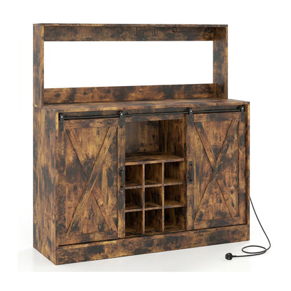 Coffee Bar Cabinet with Charging Station and Sliding Barn Doors-Rustic Brown