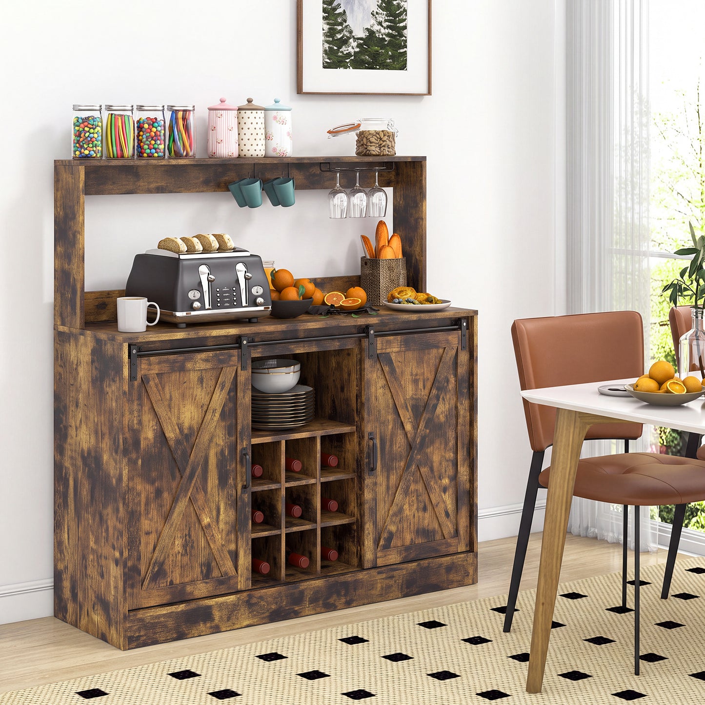 Coffee Bar Cabinet with Charging Station and Sliding Barn Doors-Rustic Brown