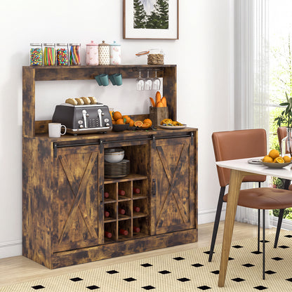 Coffee Bar Cabinet with Charging Station and Sliding Barn Doors-Rustic Brown