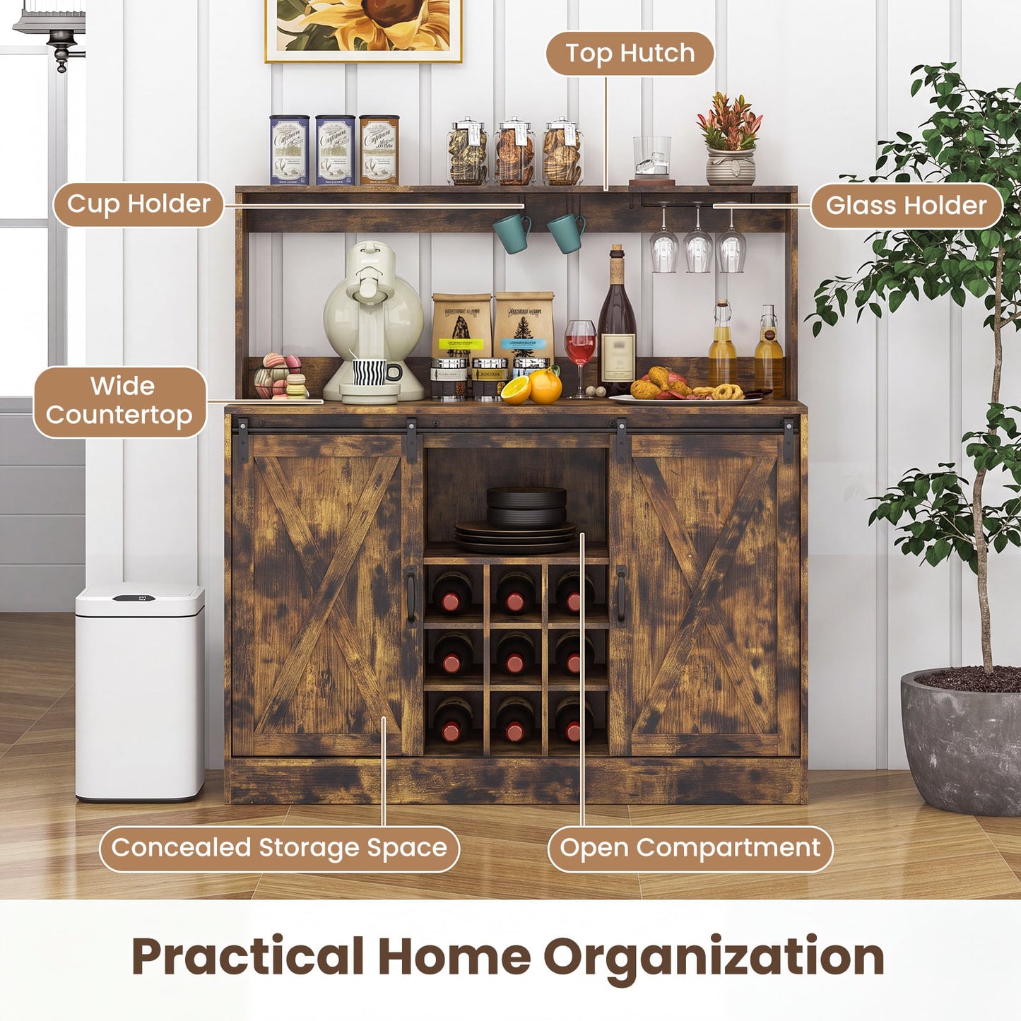 Coffee Bar Cabinet with Charging Station and Sliding Barn Doors-Rustic Brown