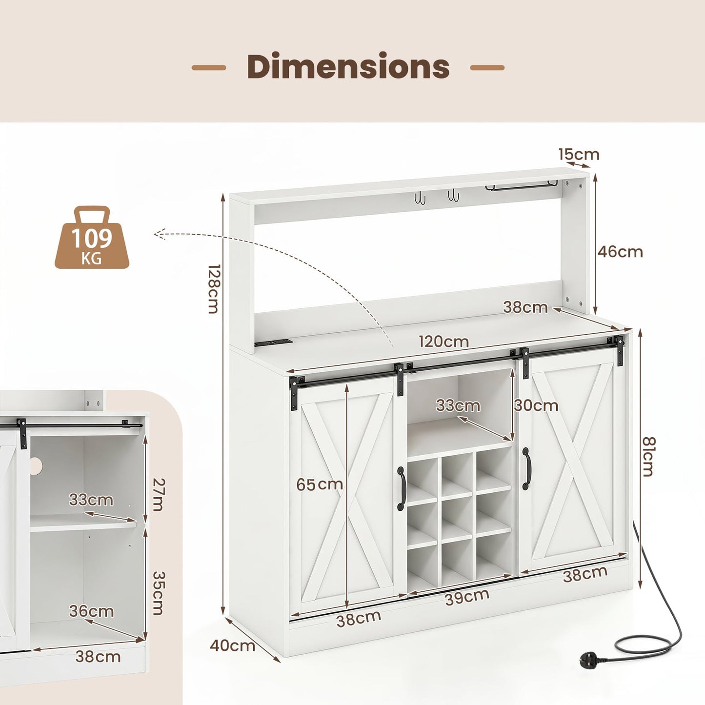 Coffee Bar Cabinet with Charging Station and Sliding Doors-White