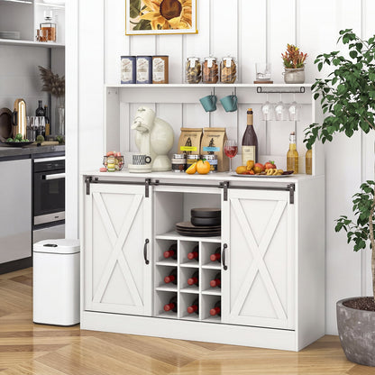 Coffee Bar Cabinet with Charging Station and Sliding Doors-White