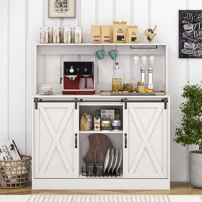 Coffee Bar Cabinet with Charging Station and Sliding Doors-White