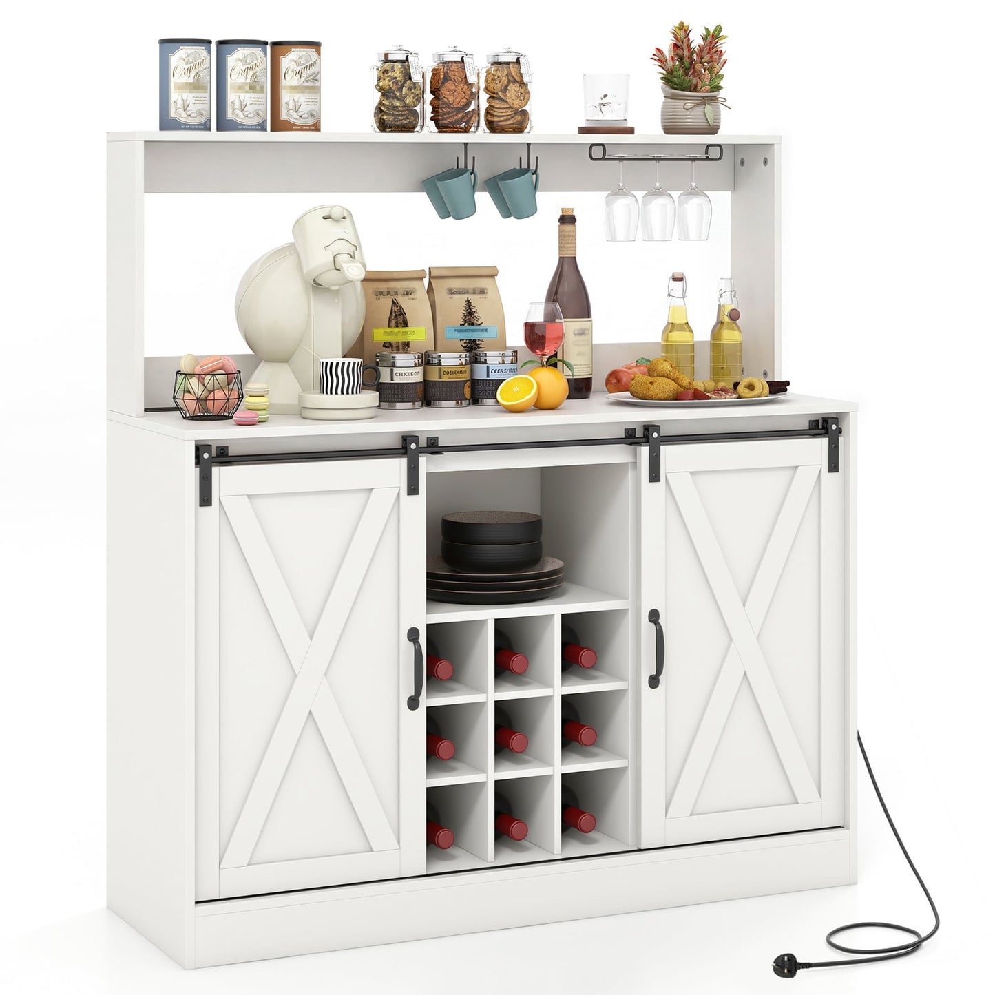 Coffee Bar Cabinet with Charging Station and Sliding Doors-White