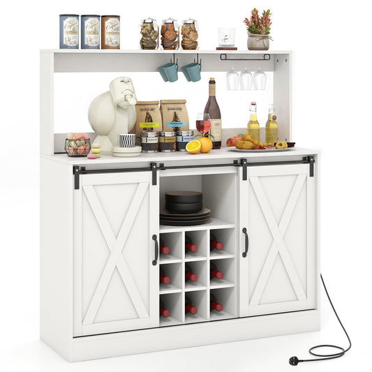 Coffee Bar Cabinet with Charging Station and Sliding Doors-White
