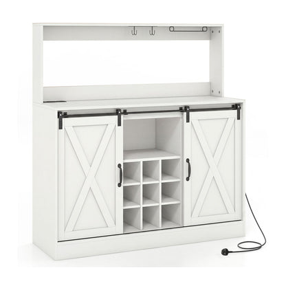 Coffee Bar Cabinet with Charging Station and Sliding Doors-White