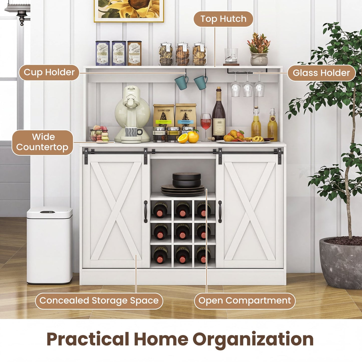Coffee Bar Cabinet with Charging Station and Sliding Doors-White