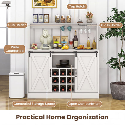 Coffee Bar Cabinet with Charging Station and Sliding Doors-White