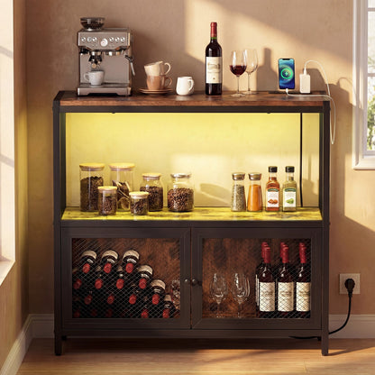 Coffee Bar Cabinet with LED Lights Charging Station & Open Shelf for Kitchen-Rustic Brown