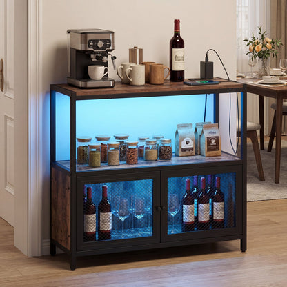 Coffee Bar Cabinet with LED Lights Charging Station & Open Shelf for Kitchen-Rustic Brown