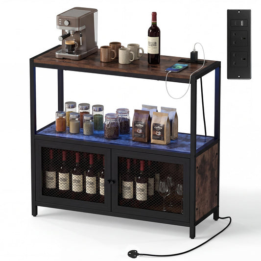 Coffee Bar Cabinet with LED Lights Charging Station & Open Shelf for Kitchen-Rustic Brown