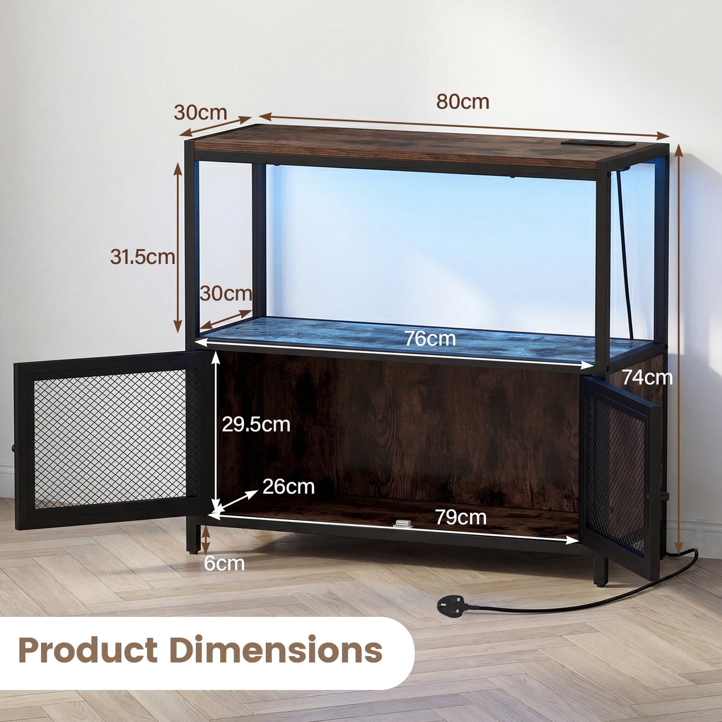 Coffee Bar Cabinet with LED Lights Charging Station & Open Shelf for Kitchen-Rustic Brown