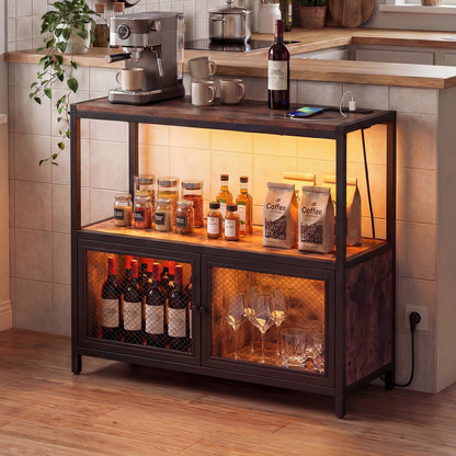 Coffee Bar Cabinet with LED Lights Charging Station & Open Shelf for Kitchen-Rustic Brown