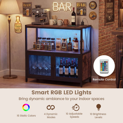 Coffee Bar Cabinet with LED Lights Charging Station & Open Shelf for Kitchen-Rustic Brown