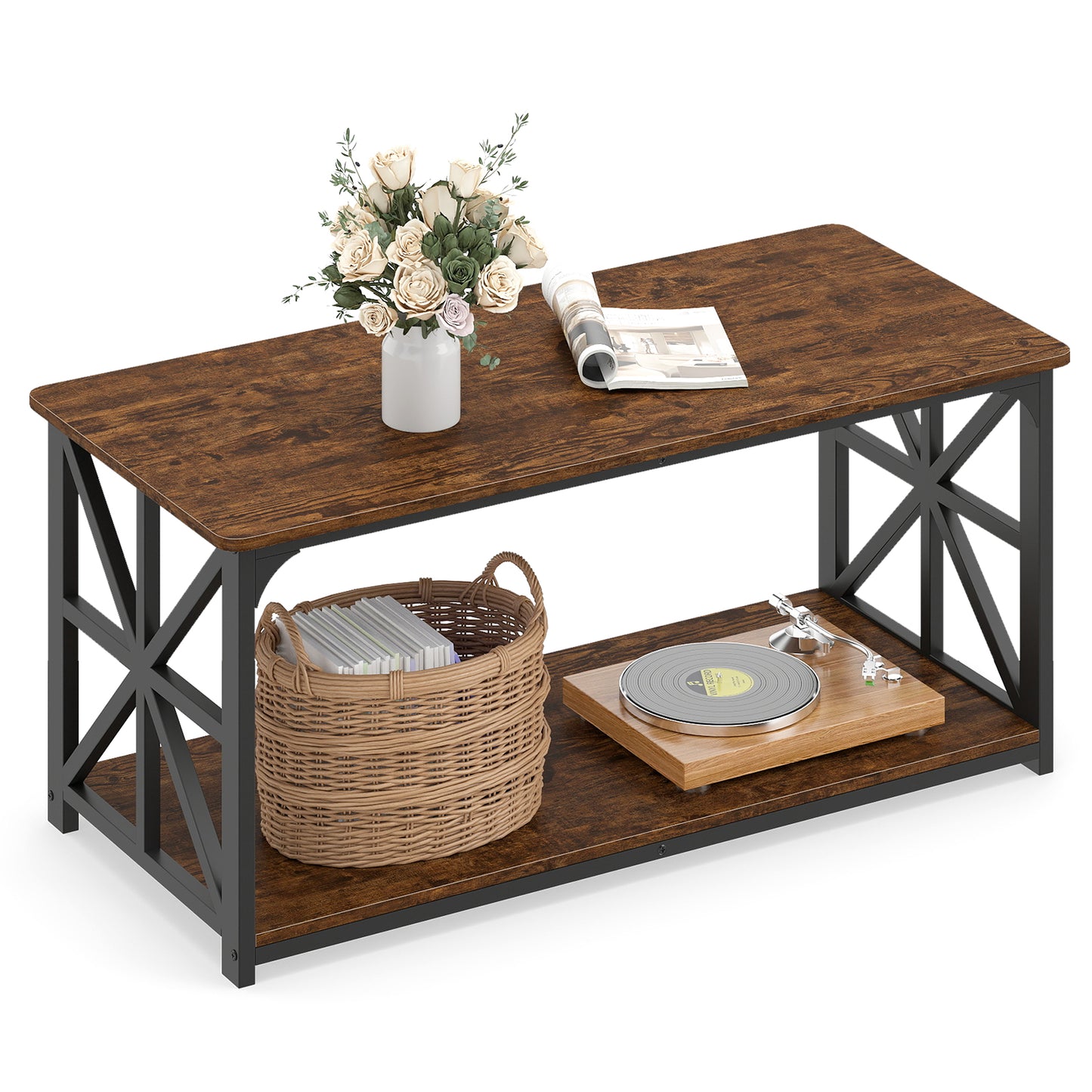 Coffee Table Industrial Farmhouse Accent Table with Open Storage Shelf-Rustic Brown