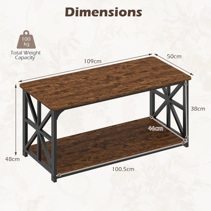 Coffee Table Industrial Farmhouse Accent Table with Open Storage Shelf-Rustic Brown