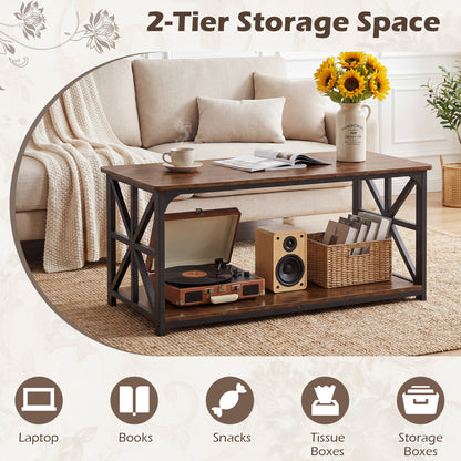 Coffee Table Industrial Farmhouse Accent Table with Open Storage Shelf-Rustic Brown