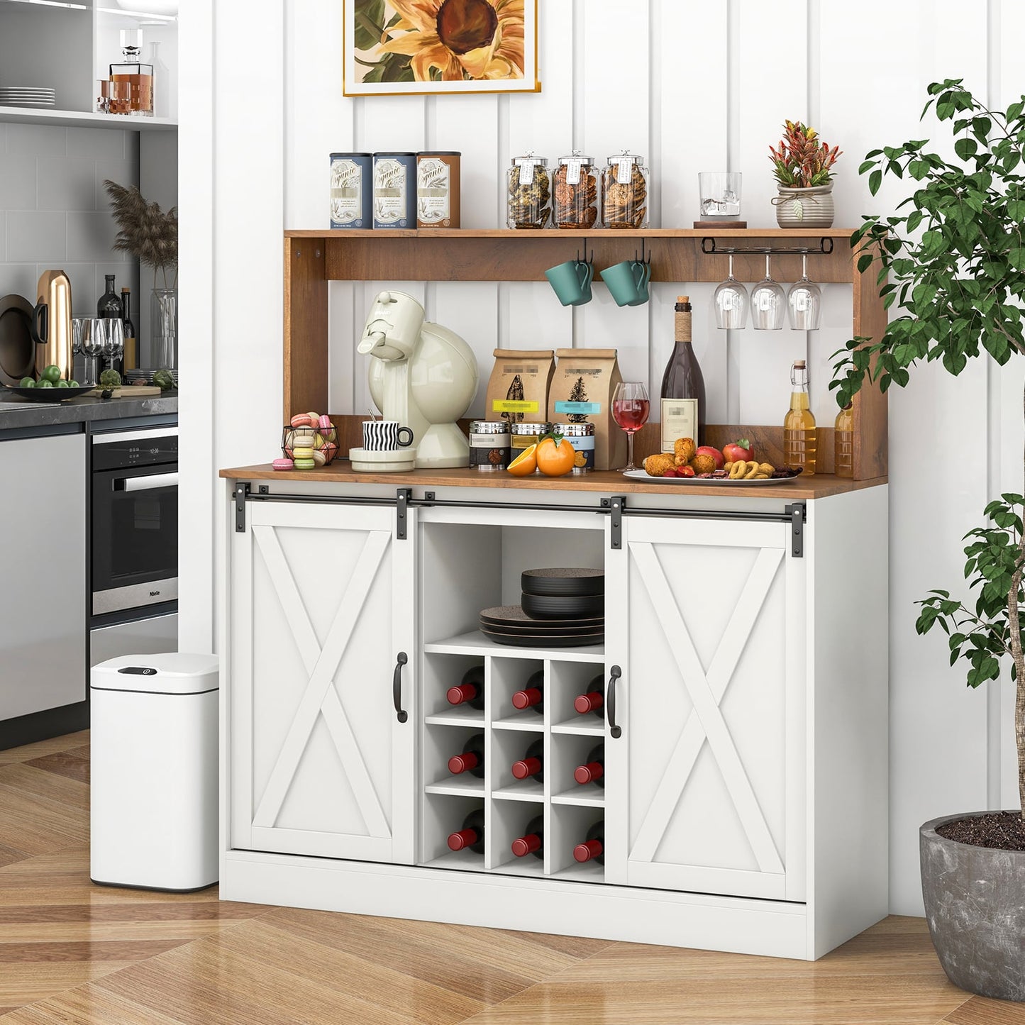 Coffee Bar Cabinet with Charging Station and Sliding Barn Doors-White and Walnut