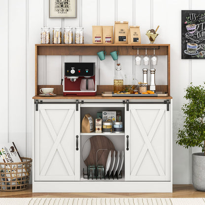 Coffee Bar Cabinet with Charging Station and Sliding Barn Doors-White and Walnut