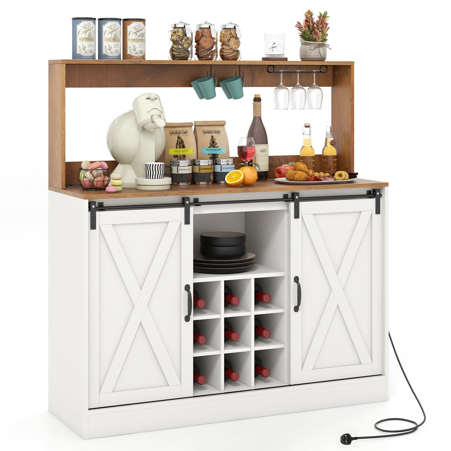 Coffee Bar Cabinet with Charging Station and Sliding Barn Doors-White and Walnut