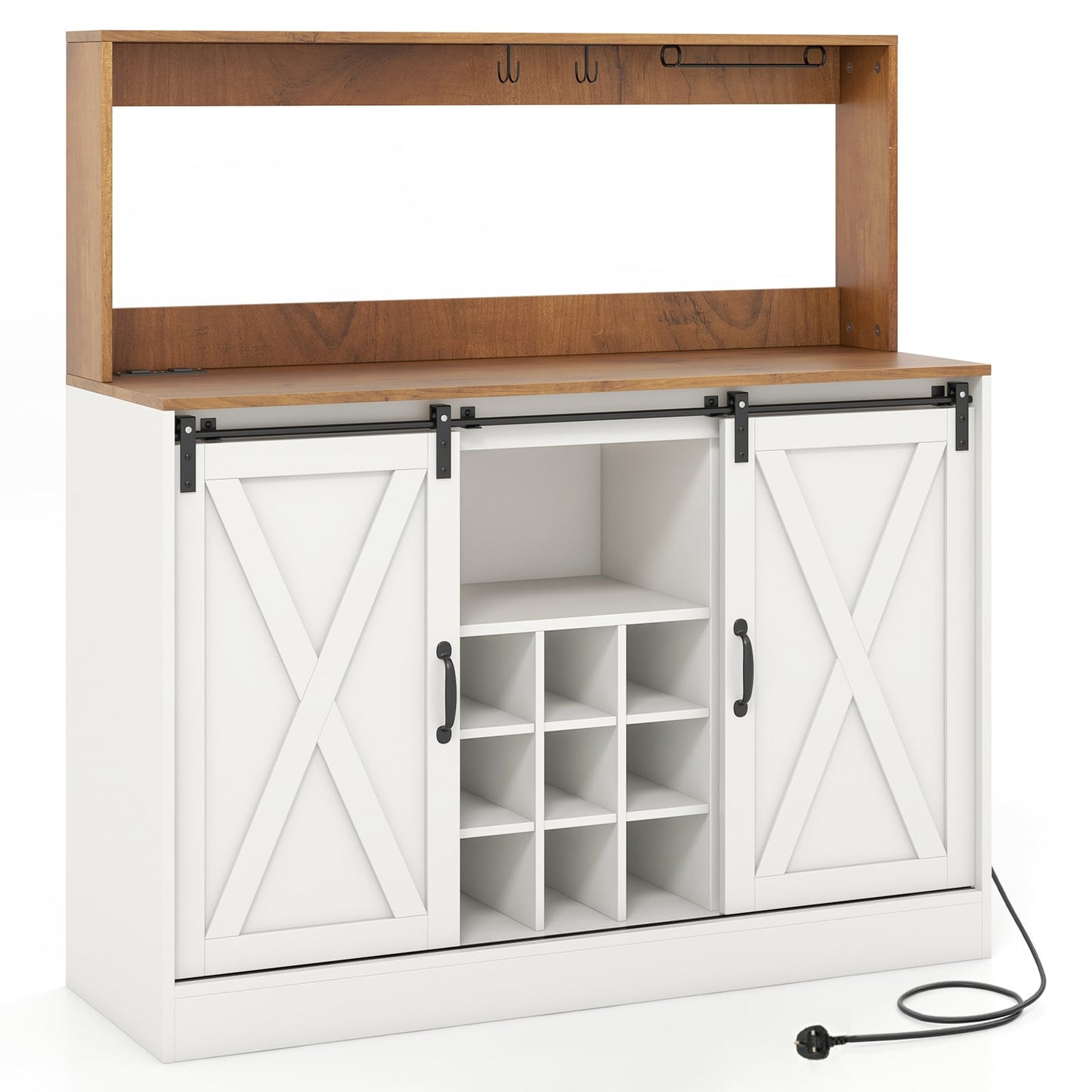 Coffee Bar Cabinet with Charging Station and Sliding Barn Doors-White and Walnut