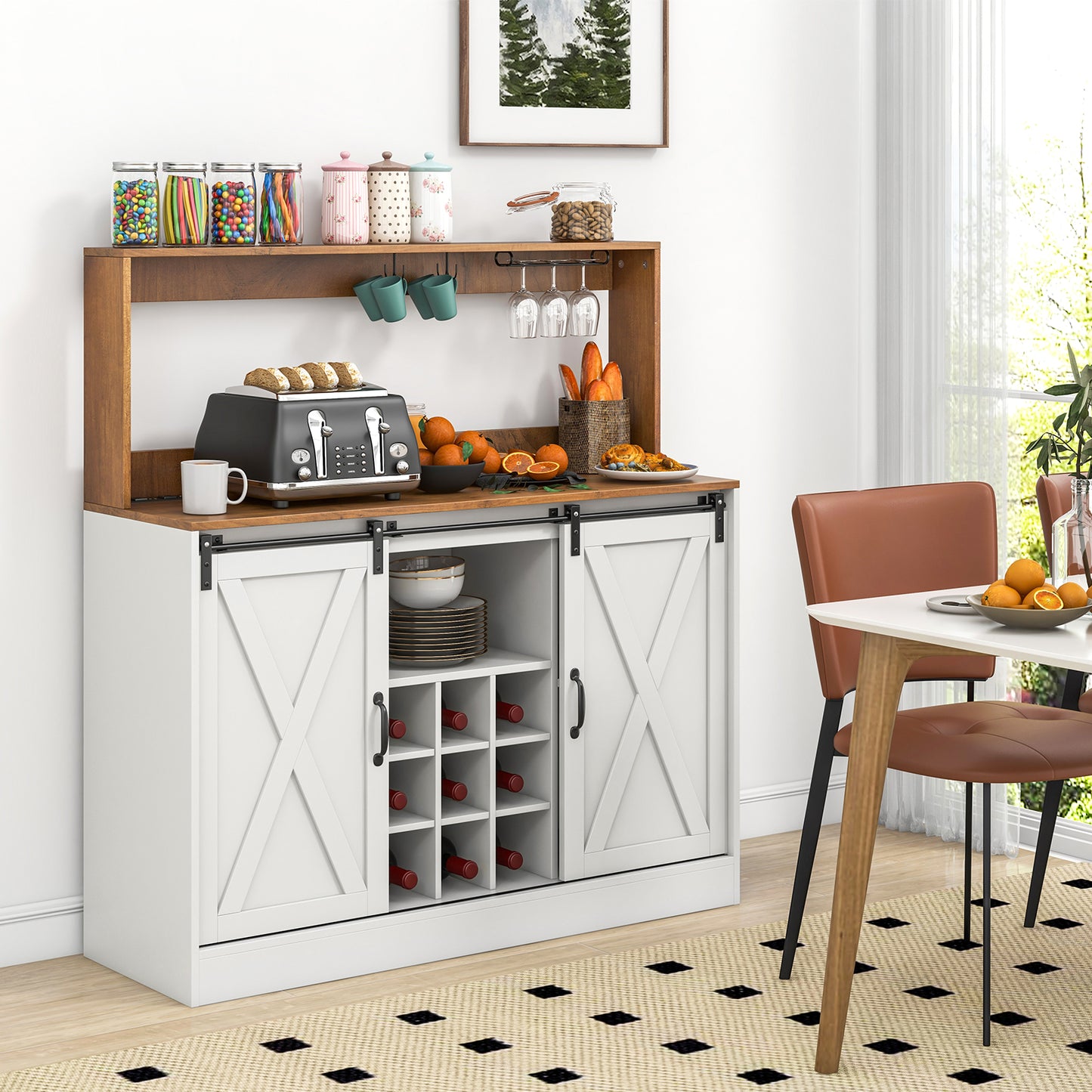 Coffee Bar Cabinet with Charging Station and Sliding Barn Doors-White and Walnut