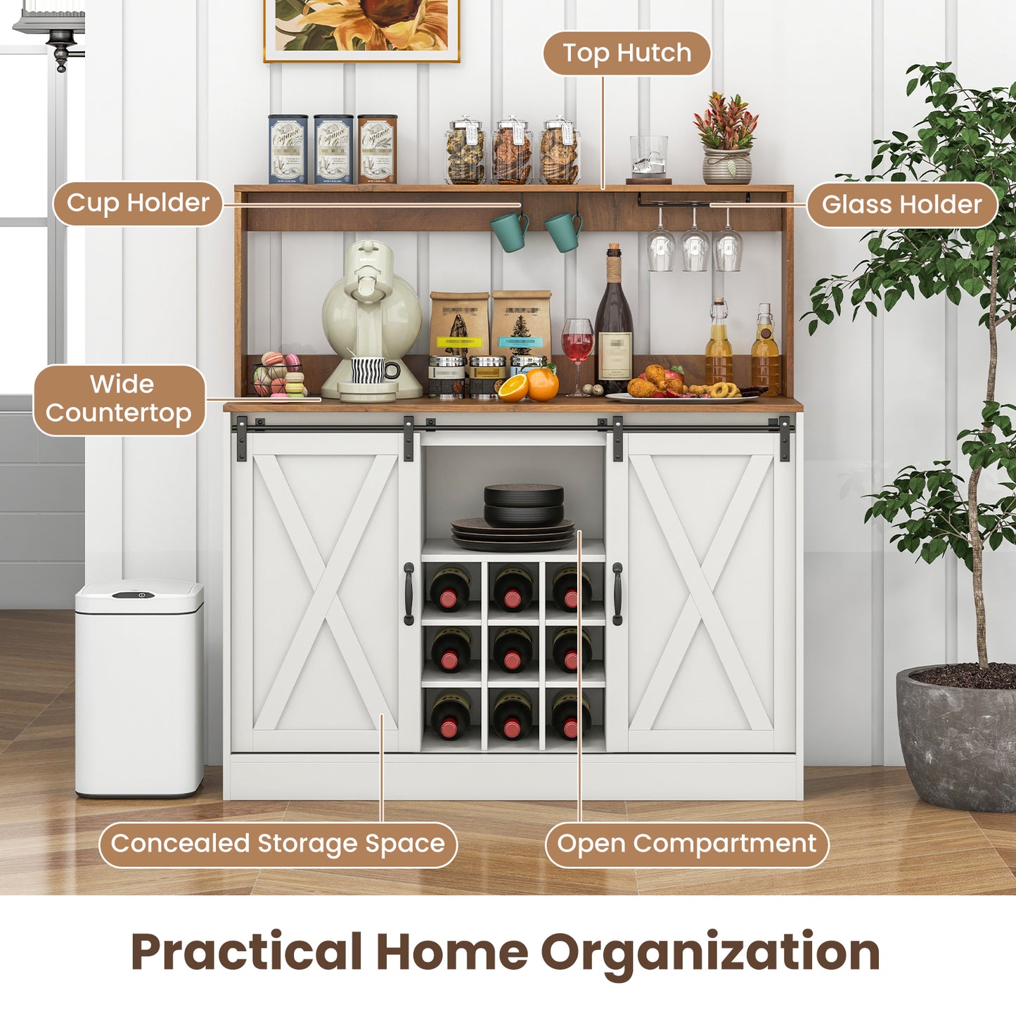 Coffee Bar Cabinet with Charging Station and Sliding Barn Doors-White and Walnut