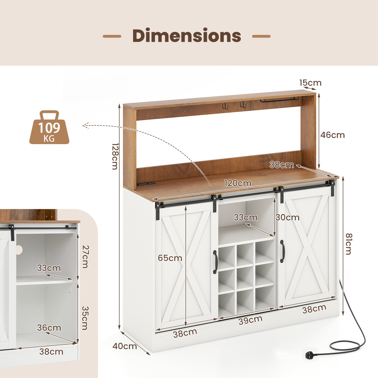 Coffee Bar Cabinet with Charging Station and Sliding Barn Doors-White and Walnut