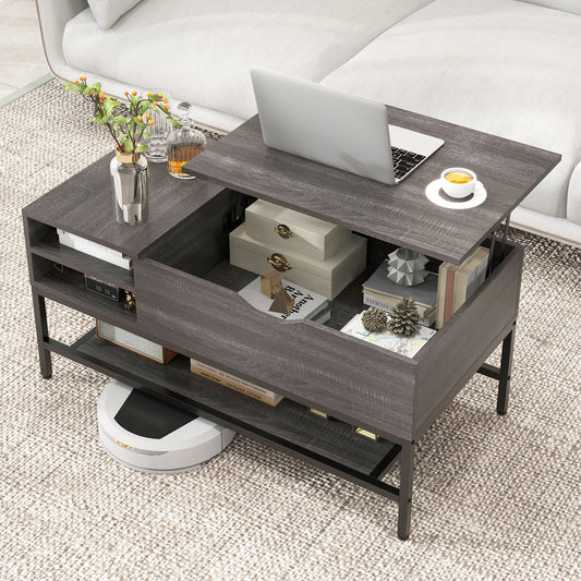Lift Top Coffee Table with Hidden Compartment and Removable Shelf-Grey