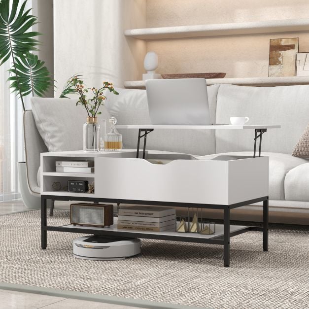 Lift Top Coffee Table with Hidden Compartment and Removable Shelf-White