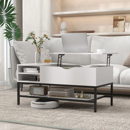 Lift Top Coffee Table with Hidden Compartment and Removable Shelf-White
